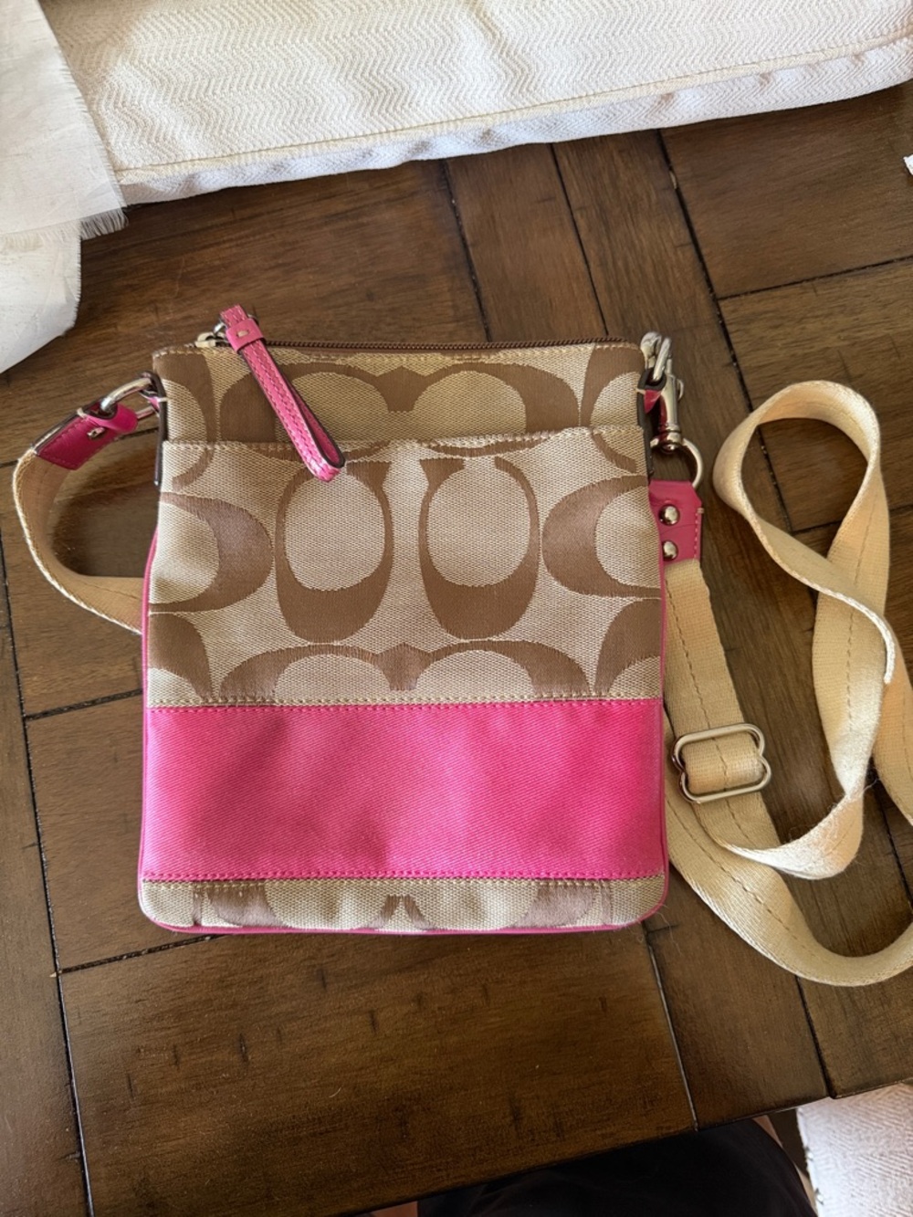 Coach Tan Signature Canvas Crossbody with Pink Accent